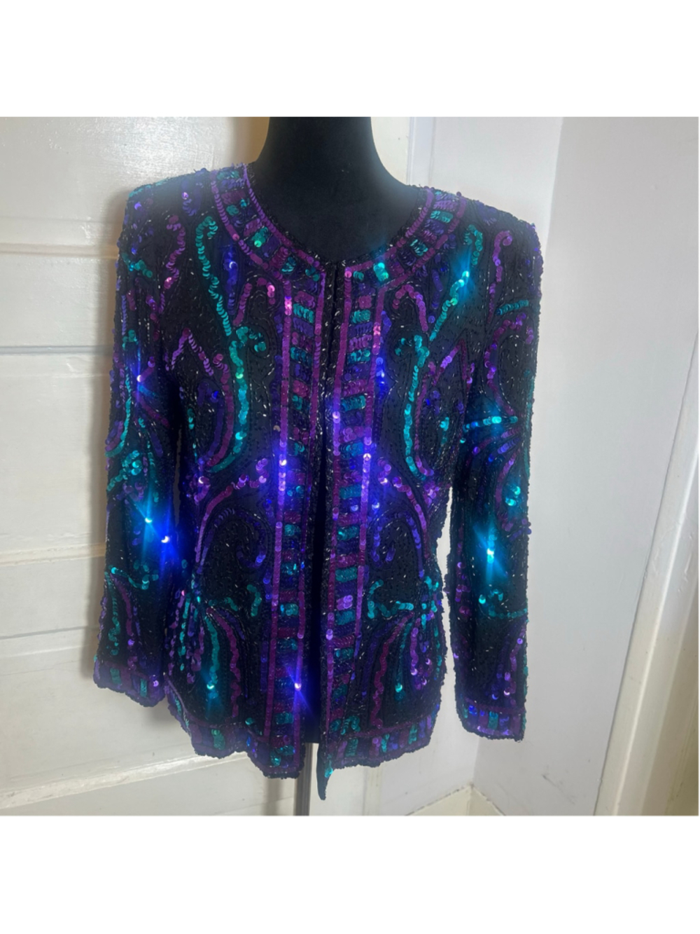 VTG Laurence Kazar 80s Sequin Blazer Jacket S Black Purple Disco Dopamine Boho